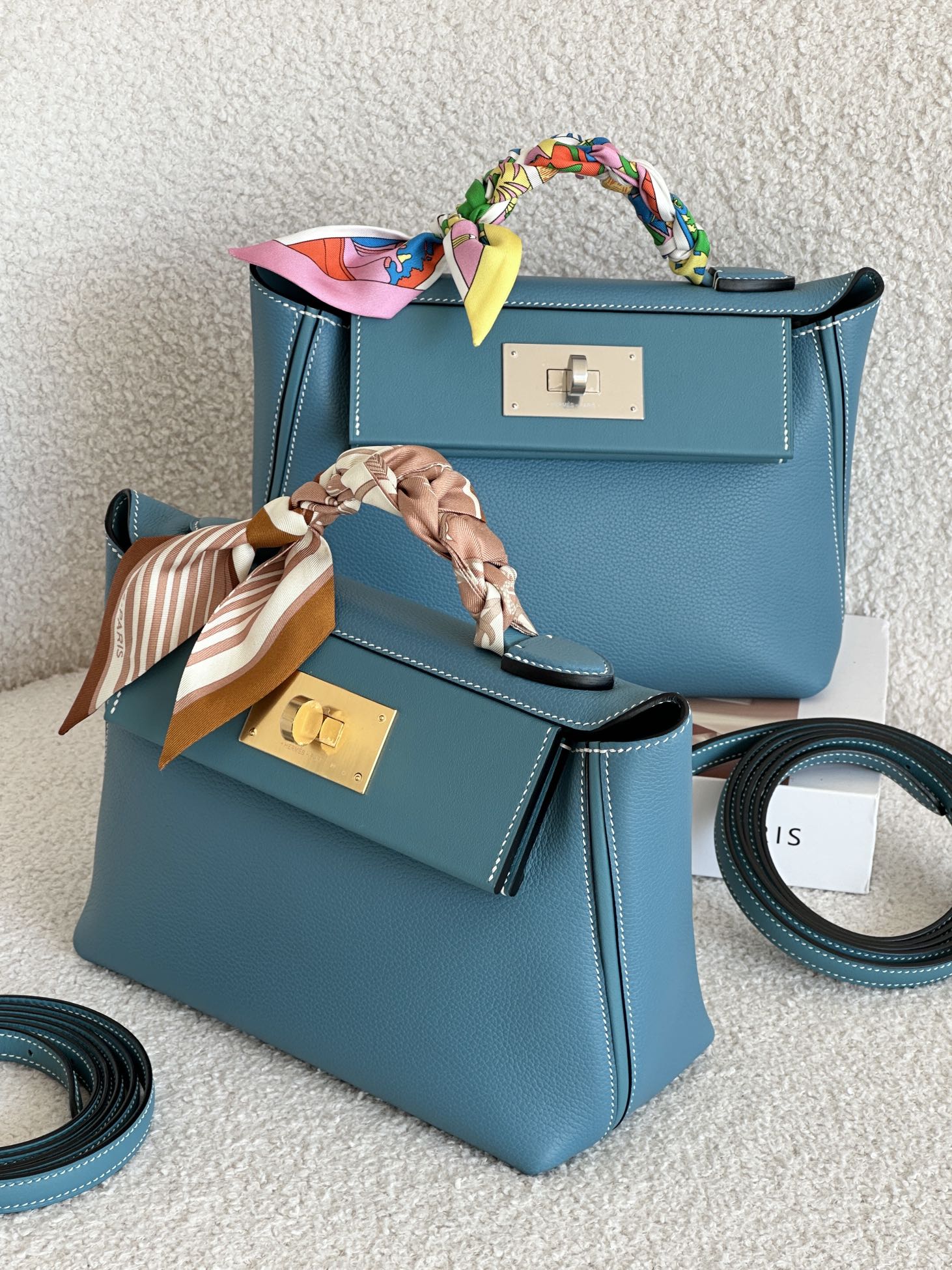 Hermes Kelly Mini 2424 21cm Handbag in Blue Jean Clemence Leather 